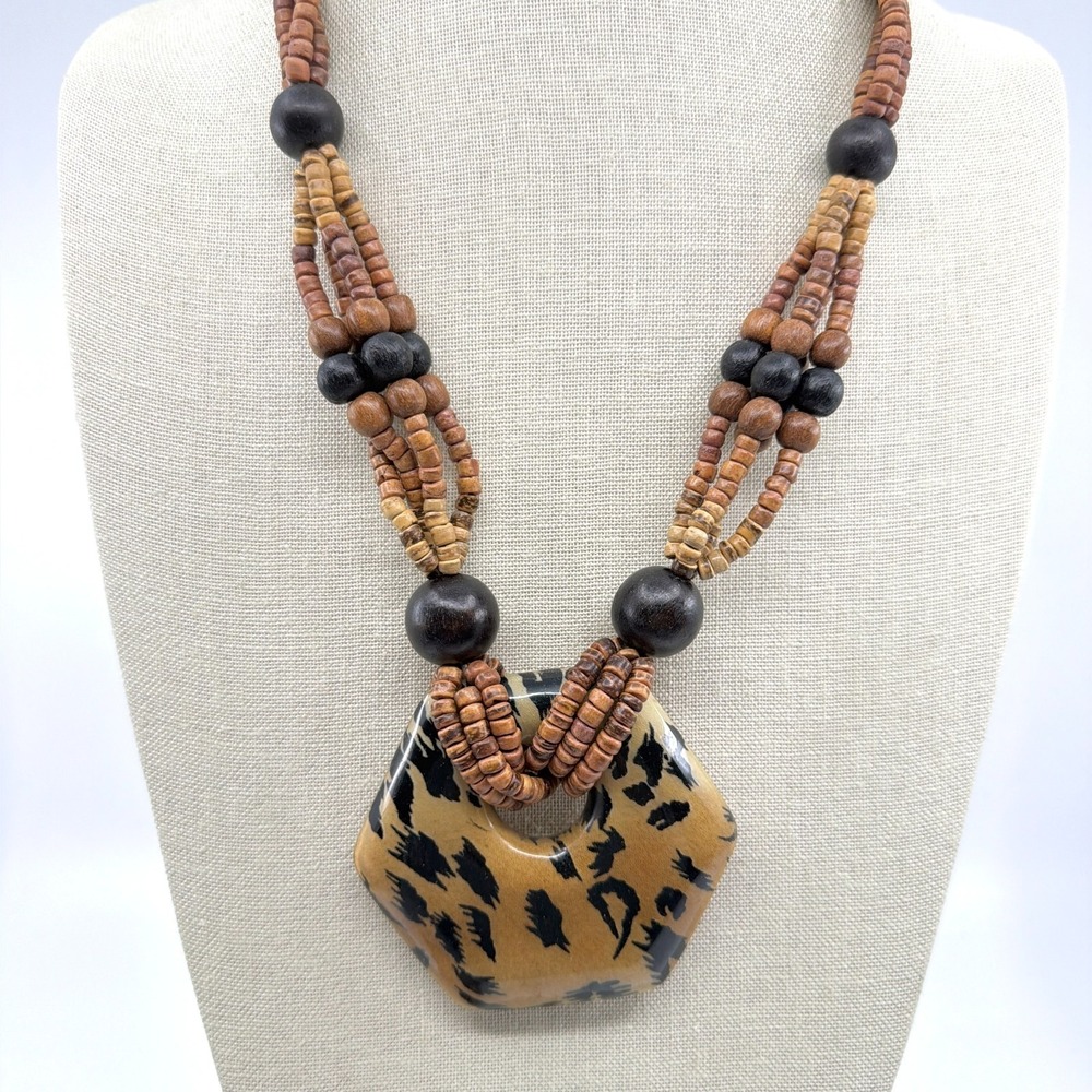 Bohemian Animal Print Multi-Strand Necklace with Wooden Beads
